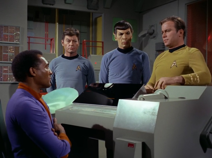 Still frame from Star Trek TOS 2x24 showing Kirk, Spock, McCoy, and Daystrom