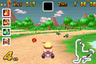 Screenshot from Mario Kart Super Circuit showing Wario on Lakeside Park.