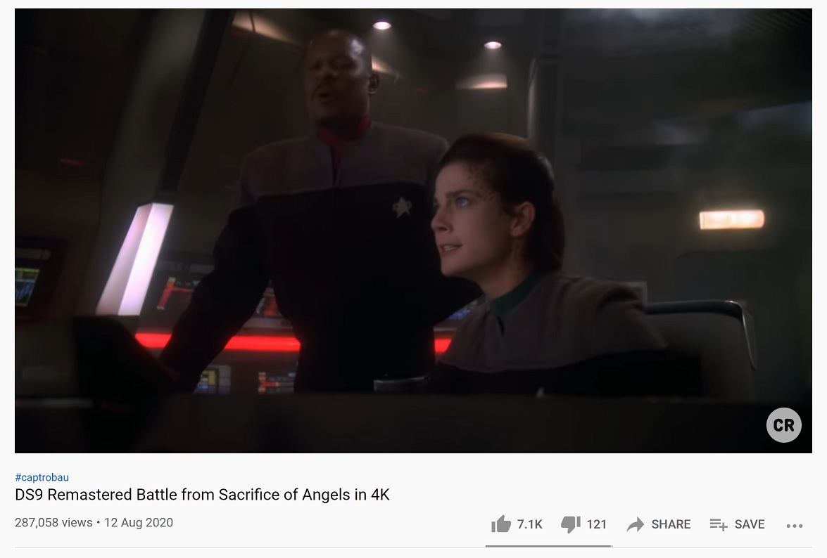 Screenshot of YouTube showing an AI-upscaled clip from Star Trek: Deep Space Nine.