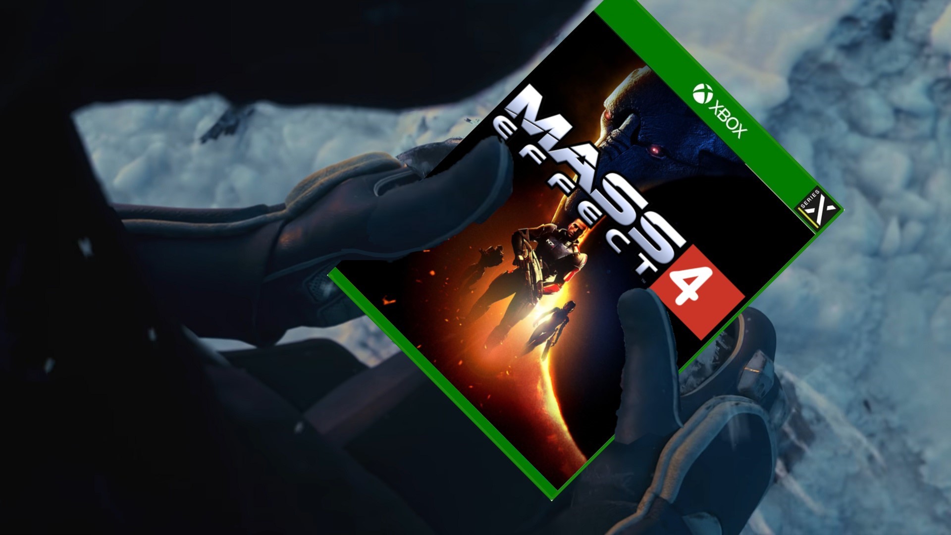 Graphic based on the Mass Effect teaser trailer showing a mock-up of a Mass Effect 4 box.