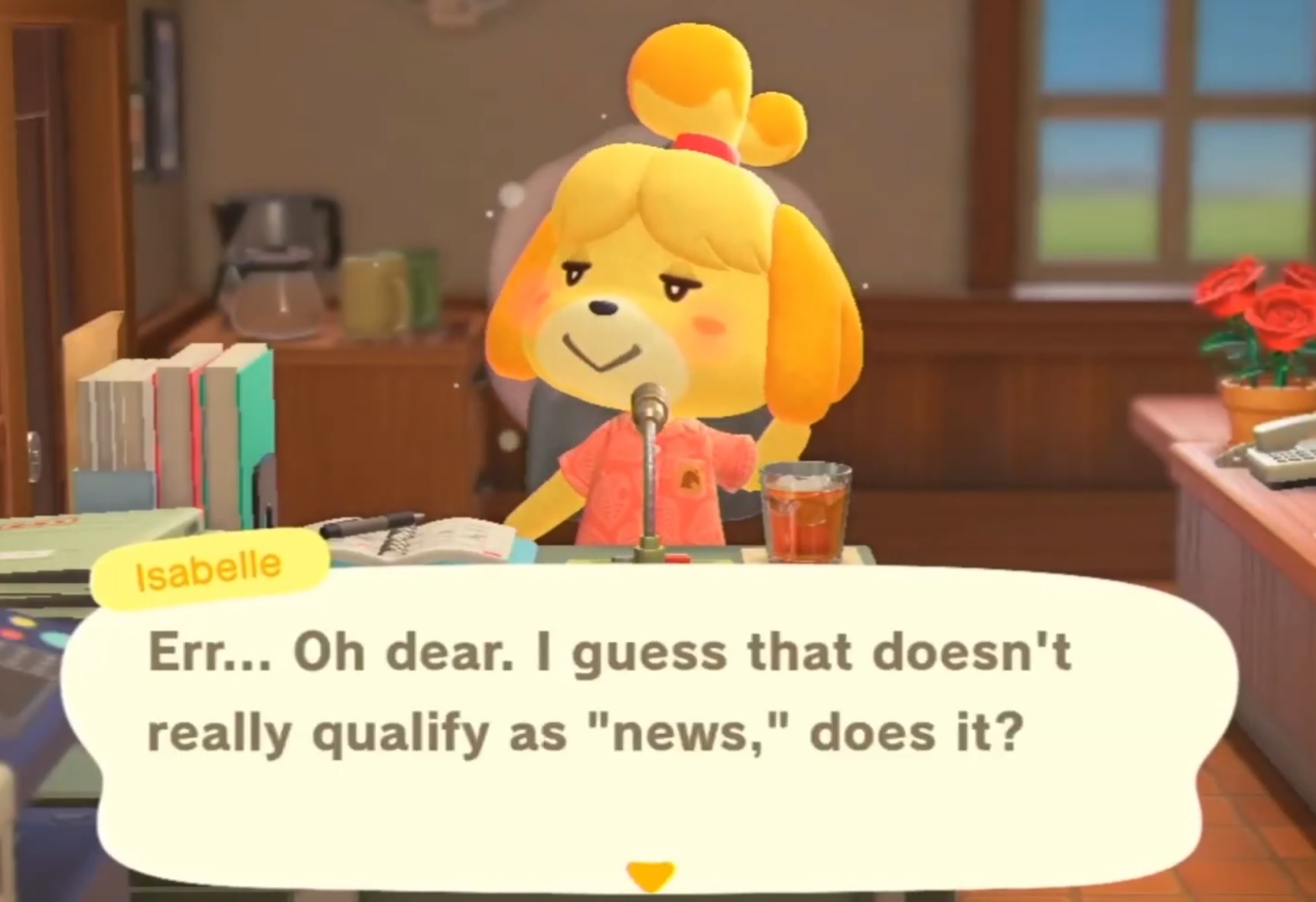 Promo screenshot for Animal Crossing: New Horizons showing Isabelle's morning announcements.