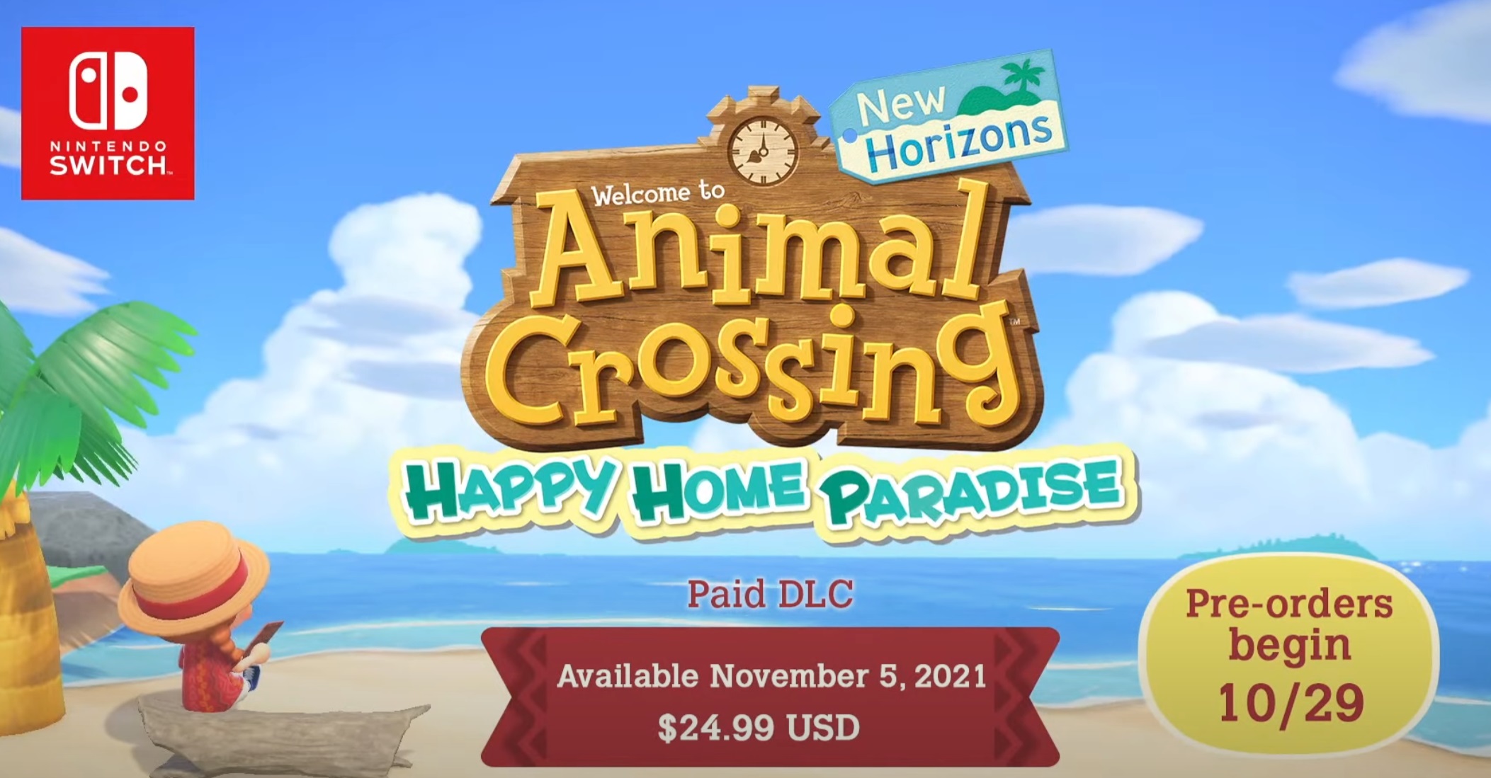Promo screenshot for Animal Crossing: New Horizons showing Happy Home Paradise and its pricing.