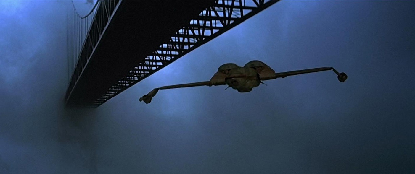 Still frame from Star Trek IV showing the Bounty under the Golden Gate Bridge