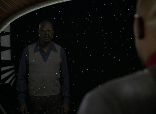 Still frame from Star Trek: DS9 showing Sisko seeing Benny Russell.