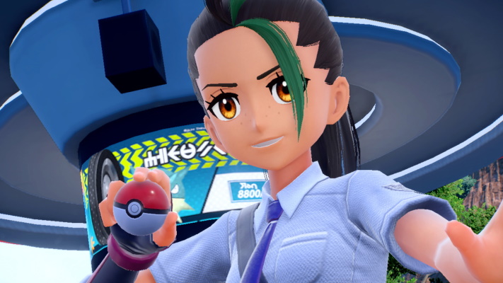 Promo screenshot from Pokemon Violet featuring a character holding a red and white ball.