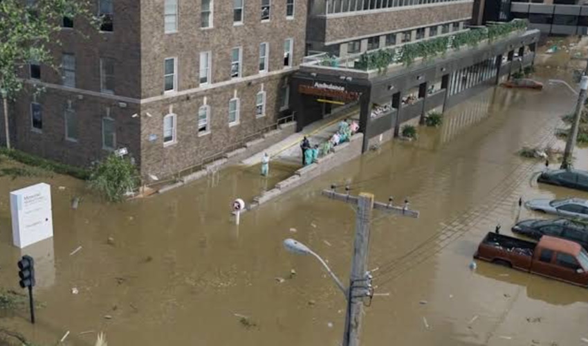 Still frame from Five Days At Memorial showing the flooded hospital.