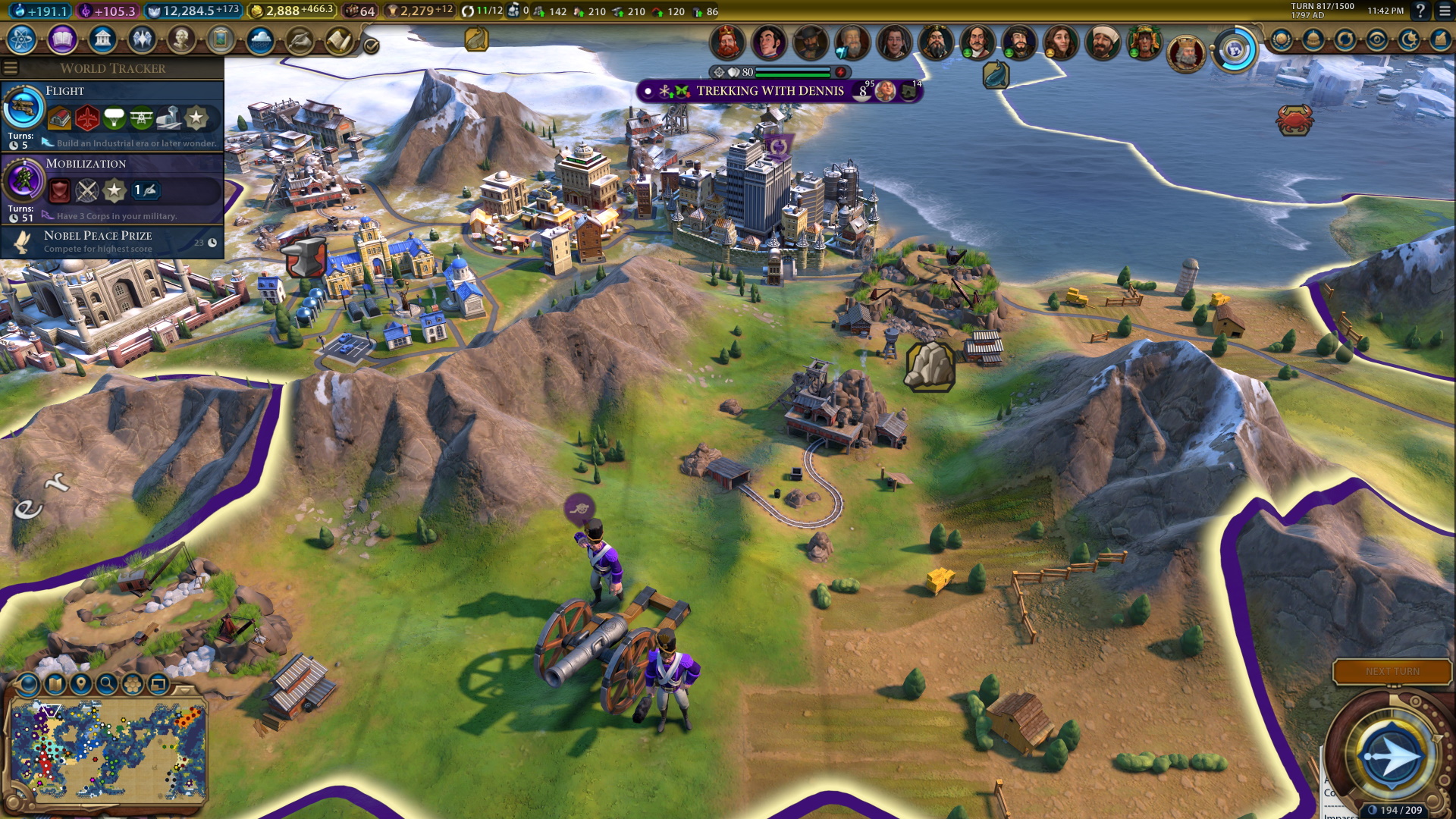 Screenshot of Civilization VI showing a ranged unit next to two mountain tiles, with a city in the background.