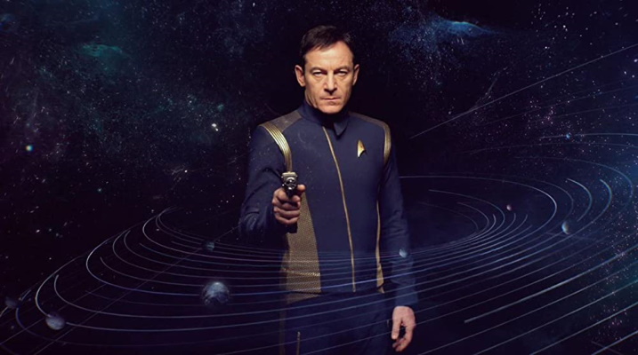 Promo still for Star Trek: Discovery Season 1 showing Captain Lorca with a phaser.