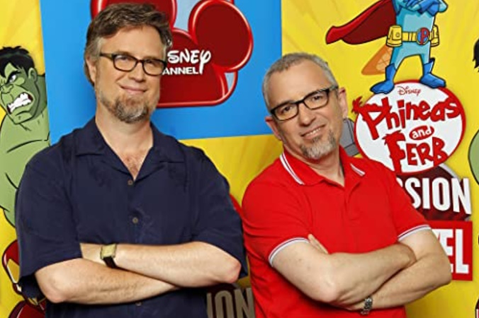 Dan Povenmire and Jeff "Swampy" Marsh at an event for Phineas and Ferb circa 2014.