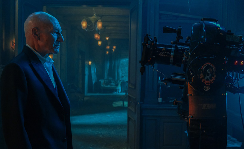Behind-the-scenes photo from Star Trek: Picard showing Patrick Stewart and a camera.