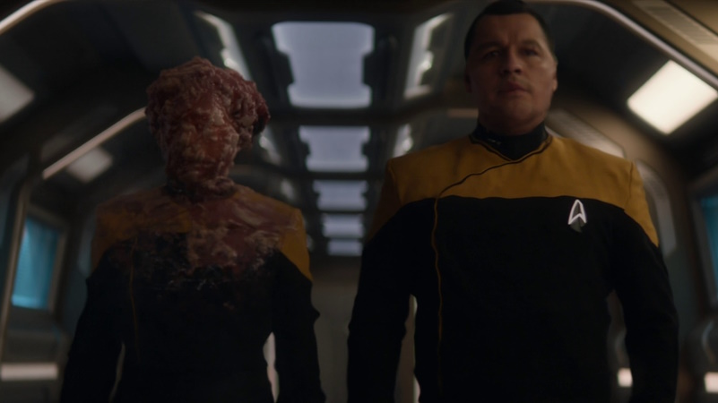 Still frame from Star Trek: Picard showing two changelings.