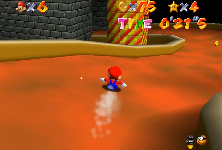 Screenshot of Super Mario 64 showing Mario on the castle's secret slide.