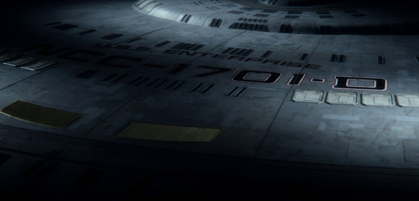 Still frame from Star Trek: Picard Season 3 showing a close-up of the Enterprise-D's saucer.