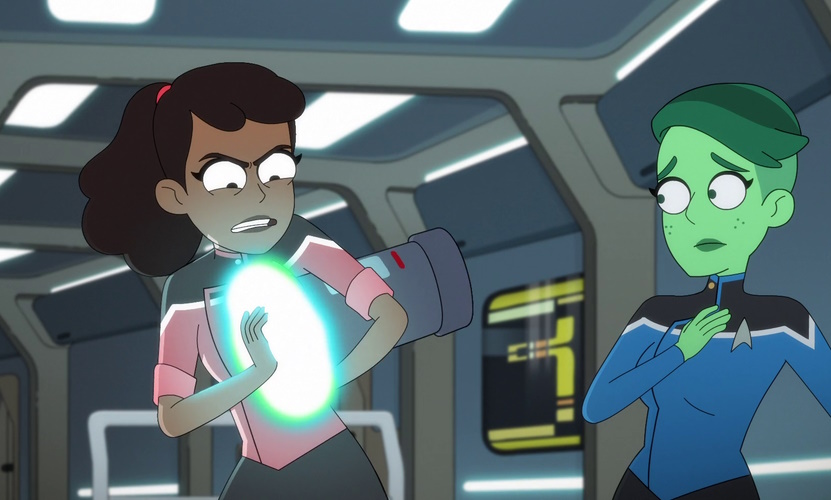 Still frame from Star Trek Lower Decks showing Mariner, Tendi, and an energy lifeform
