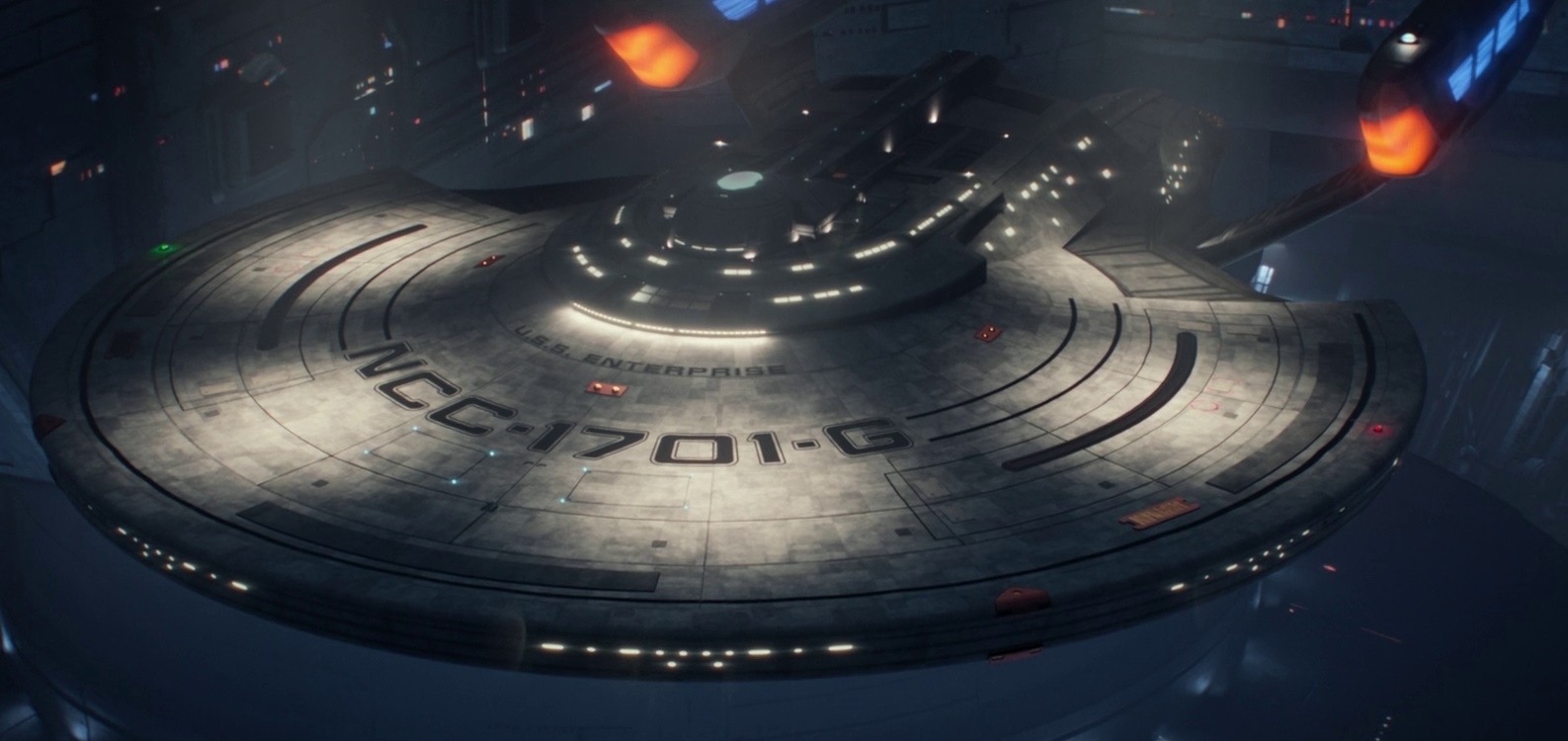 Still frame from Star Trek: Picard Season 3 showing the Enterprise-G.