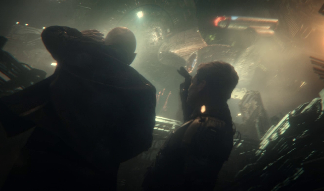 Still frame from Star Trek: Picard Season 3 showing Picard and Jack with the Enterprise overhead.