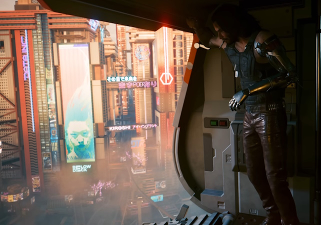 A still frame from the trailer for Cyberpunk 2077: Phantom Liberty showing Johnny Silverhand in a helicopter.