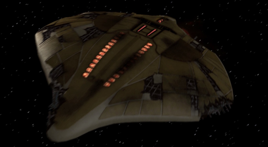 Still frame from Star Trek: Enterprise showing a damaged Illyrian spaceship.