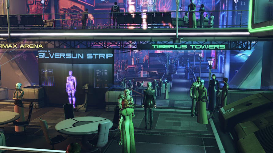 Screenshot of Mass Effect 3 showing the Silversun Strip from the Citadel DLC.