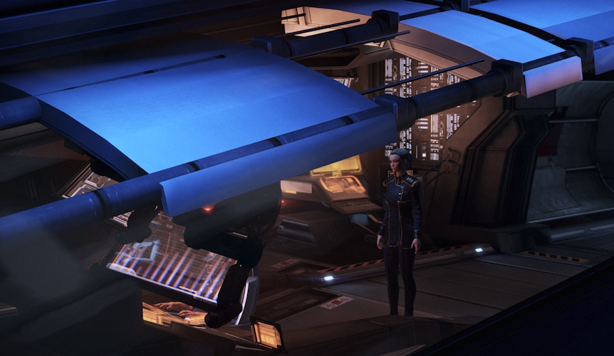 Screenshot of Mass Effect 3 showing Shepard in the Normandy's cockpit.