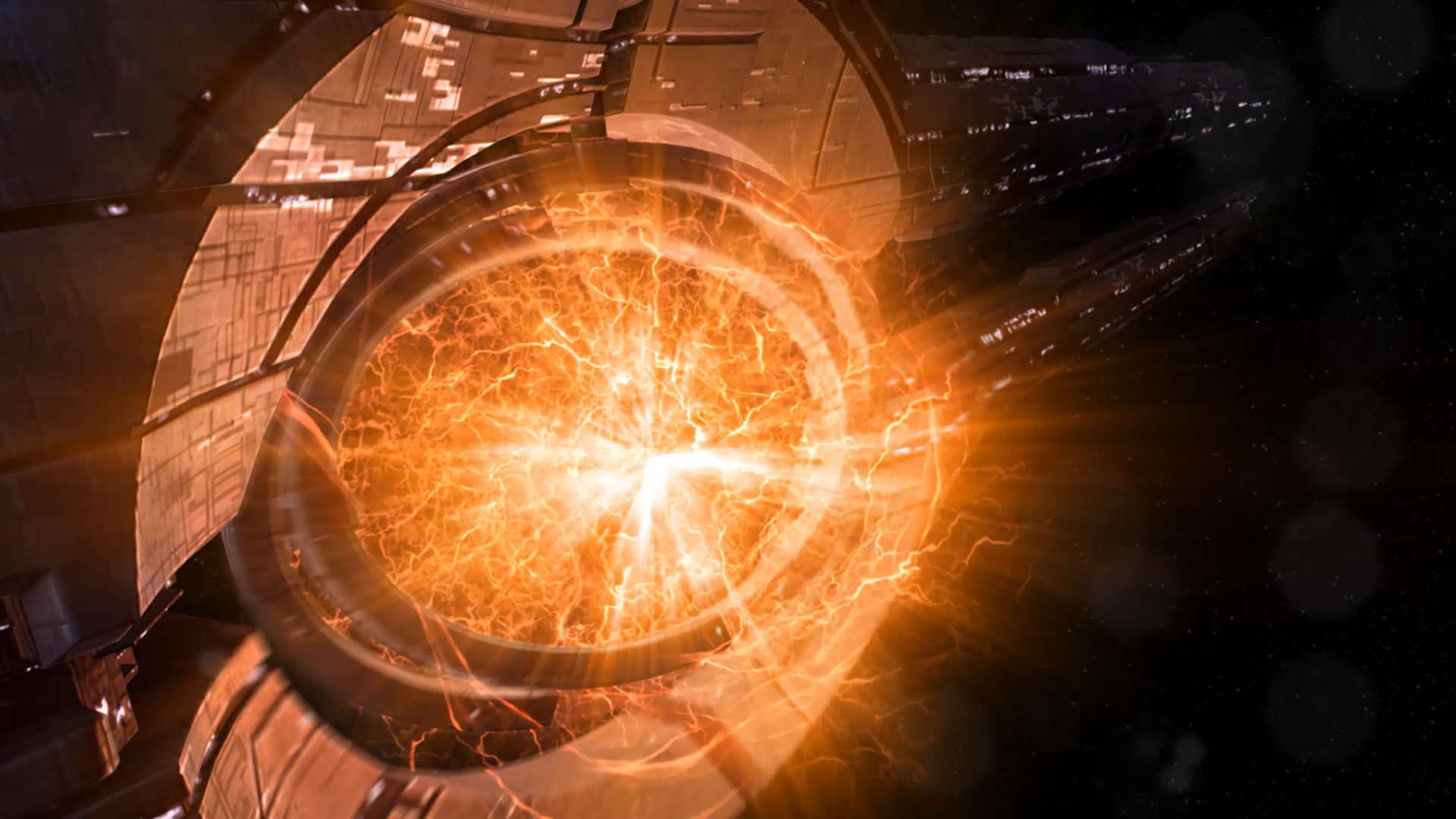 Screenshot of Mass Effect 3 showing a Mass Relay detonating.