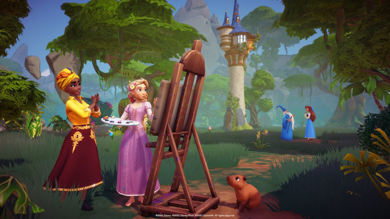 Promo image of Disney Dreamlight Valley showing a player character, Rapunzel, and a capybara.