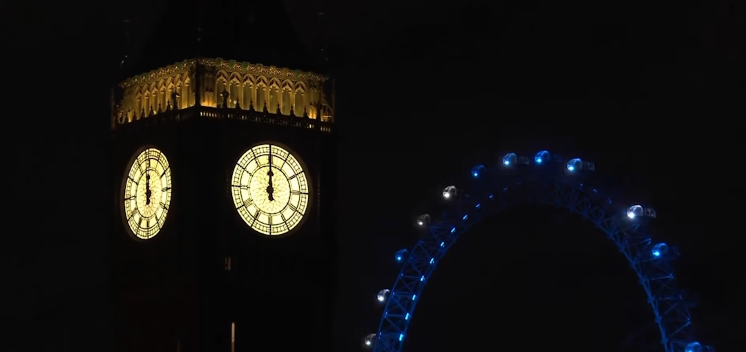 Still frame from the BBC's New Year's Eve coverage showing Big Ben and the London Eye.