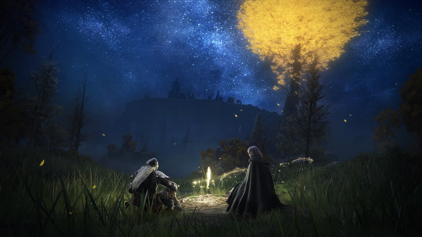 Concept art for the game Elden Ring, showing two characters by a campfire and a glowing tree.