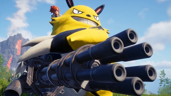 Promo screenshot of Palworld showing a yellow monster with a large gun.