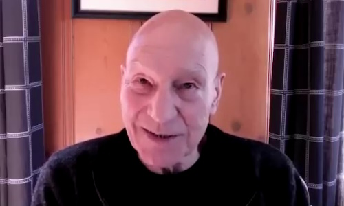Still frame of Sir Patrick Stewart on the podcast "Happy Sad Confused with Josh Horowitz."