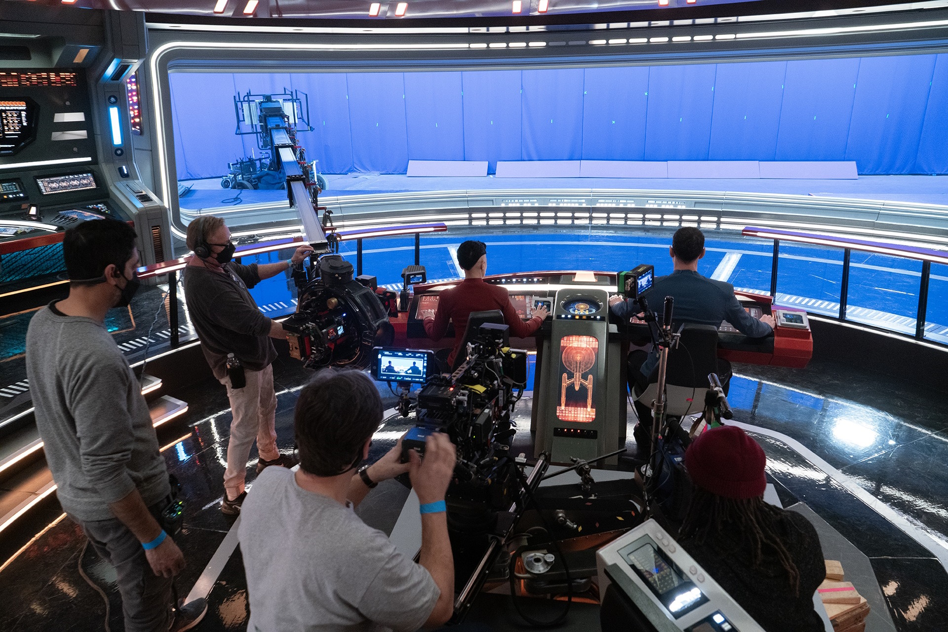 Behind-the-scenes photo from the set of Strange New Worlds showing the bridge