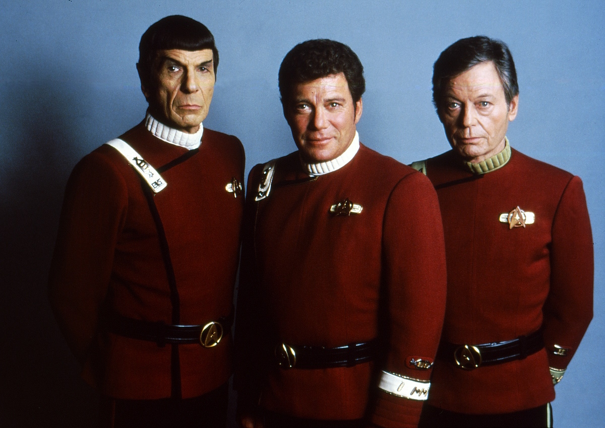 Promotional photo for Star Trek IV: The Voyage Home (1986) featuring Leonard Nimoy, William Shatner, and DeForest Kelley.
