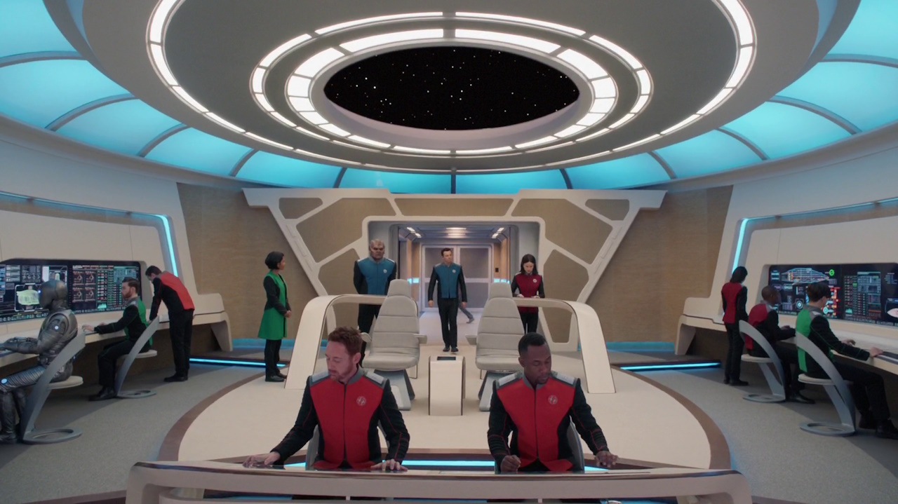 Still frame from Old Wounds, the premiere episode of The Orville, showing the bridge of a spaceship.