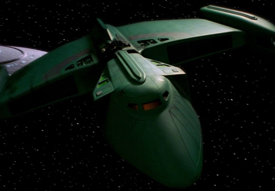 Still frame from The Next Generation Season 3 episode The Defector (remastered version) showing a Romulan Scout Ship.