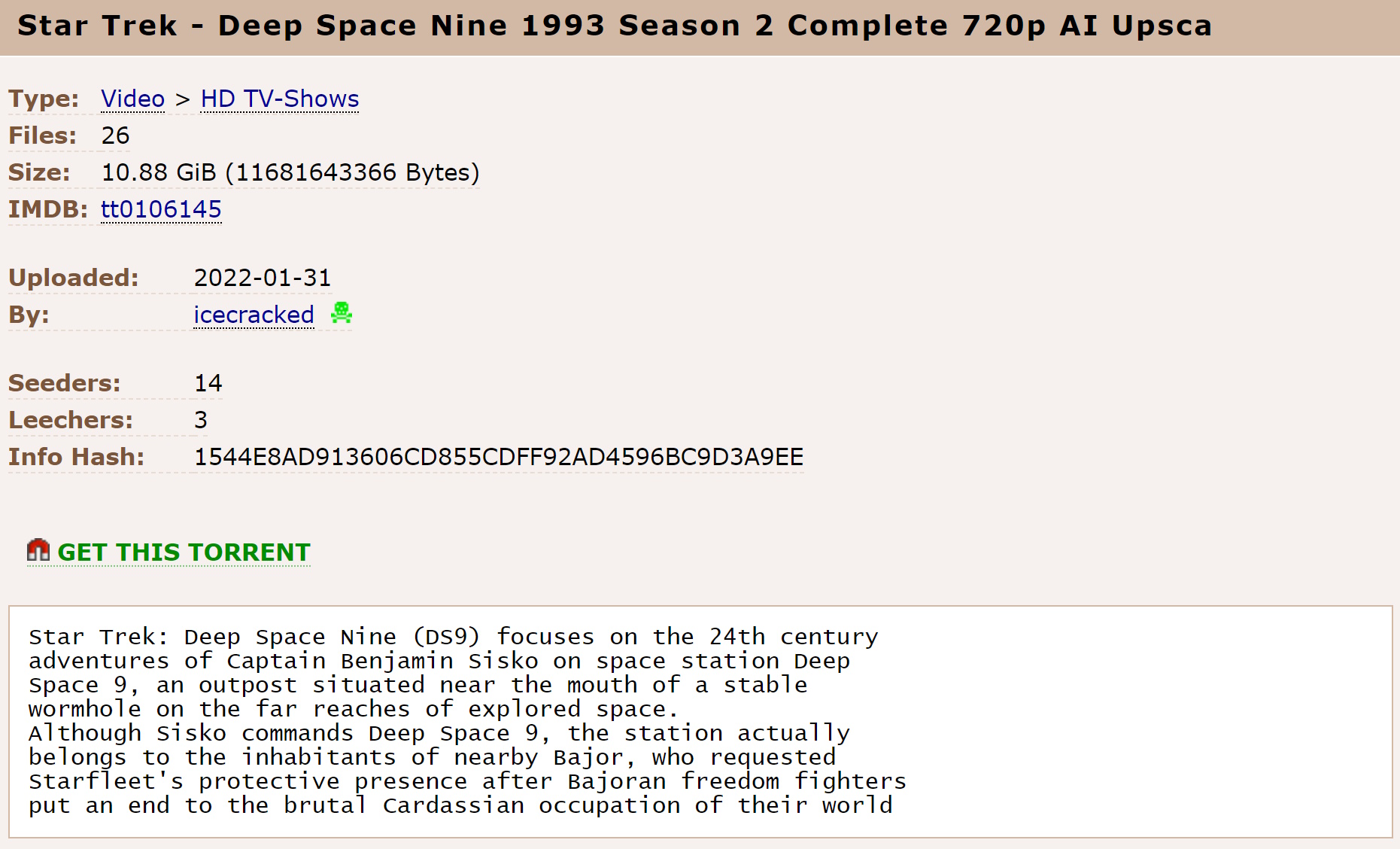 Screenshot of a website offering a torrent of Star Trek: Deep Space Nine.