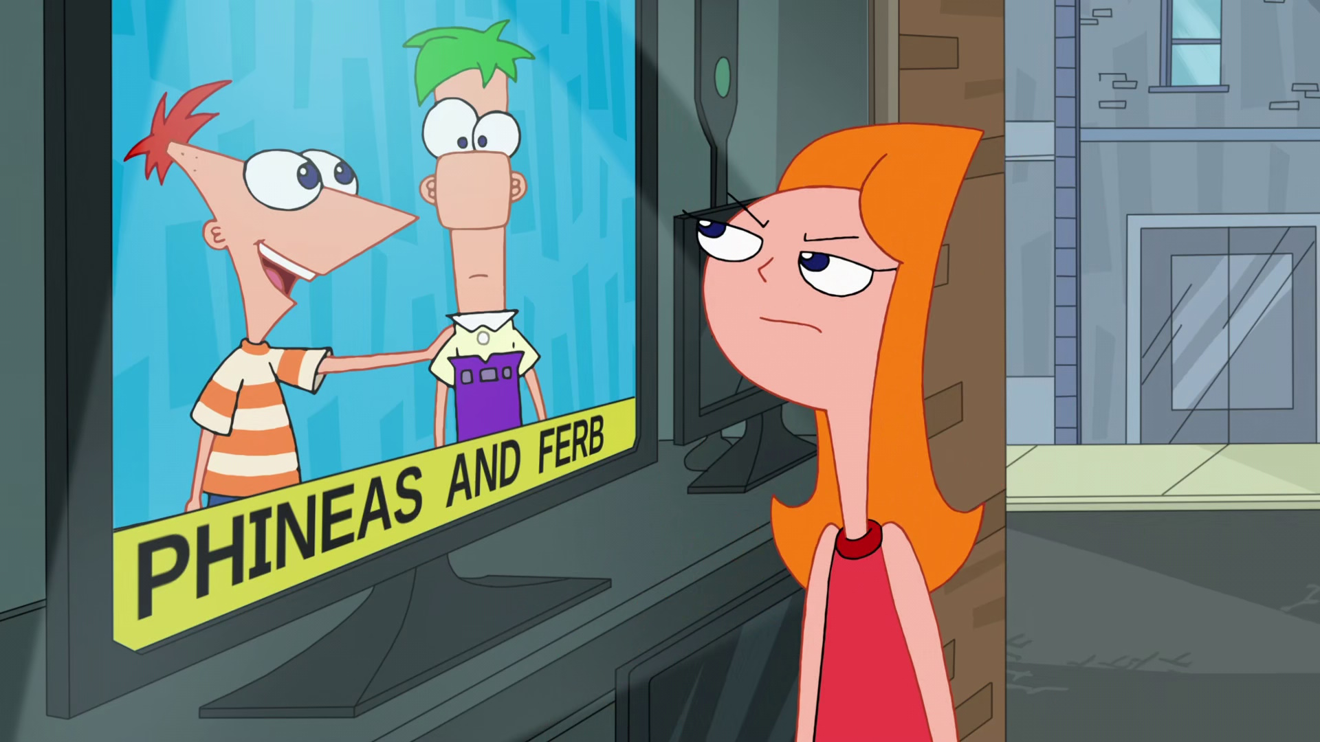Still frame from Phineas and Ferb showing Candace staring at the boys on a TV screen.