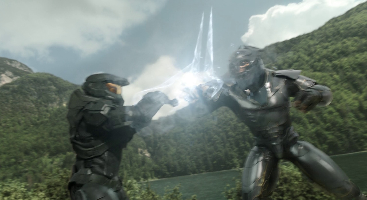 Still frame of Halo Season 2 (2024) showing Master Chief and the Arbiter engaged in a duel.