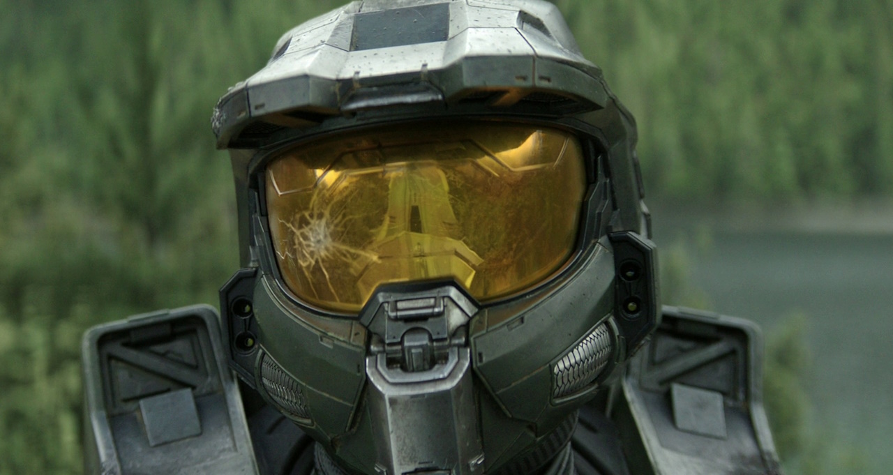 Still frame of Halo Season 2 (2024) showing a close-up of the Master Chief's helmet.