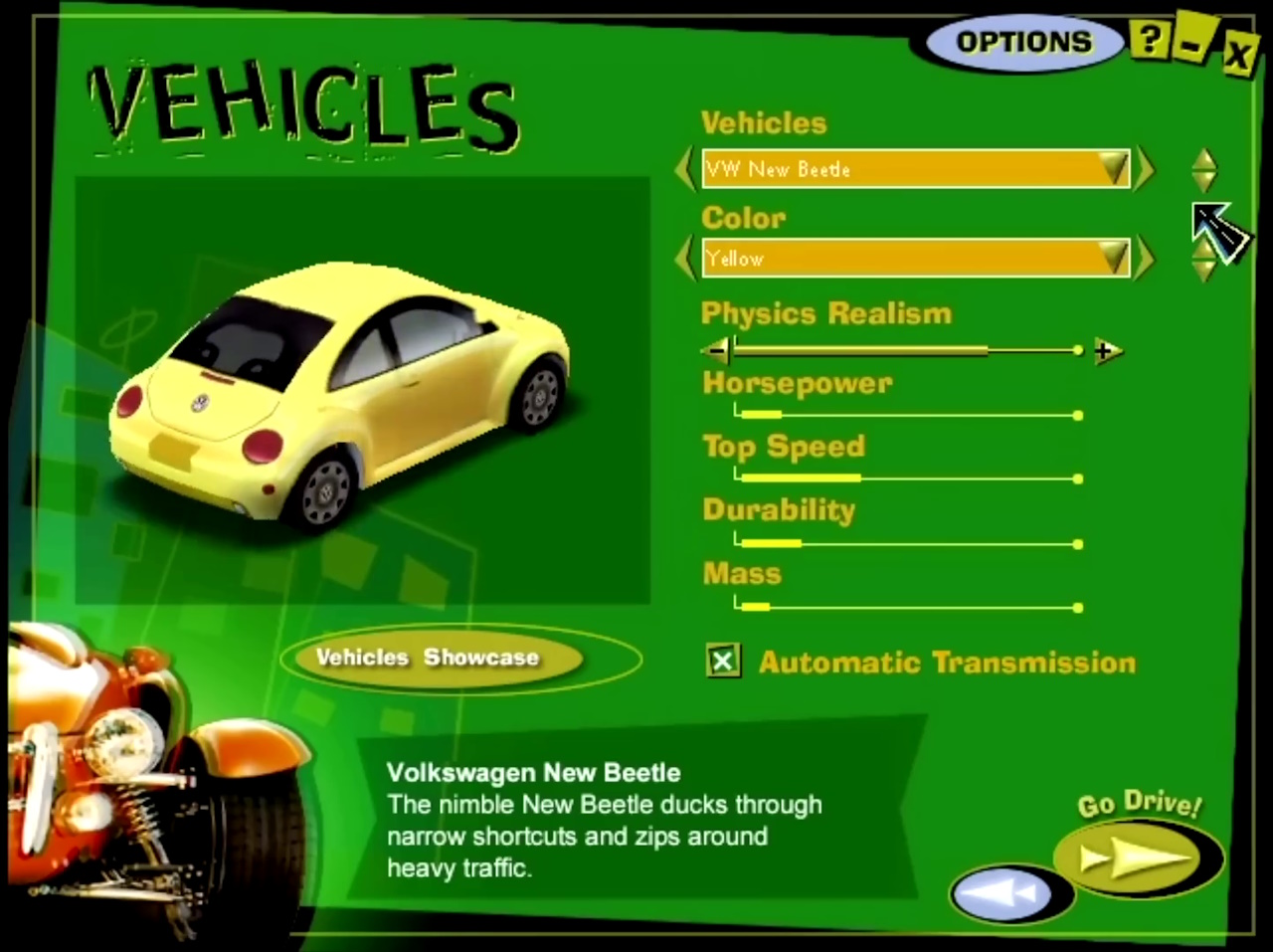 Screenshot of Midtown Madness (1999) showing the vehicle selection screen.