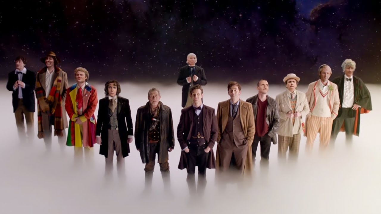 A promotional image for Doctor Who showing the first eleven Doctors plus the War Doctor.