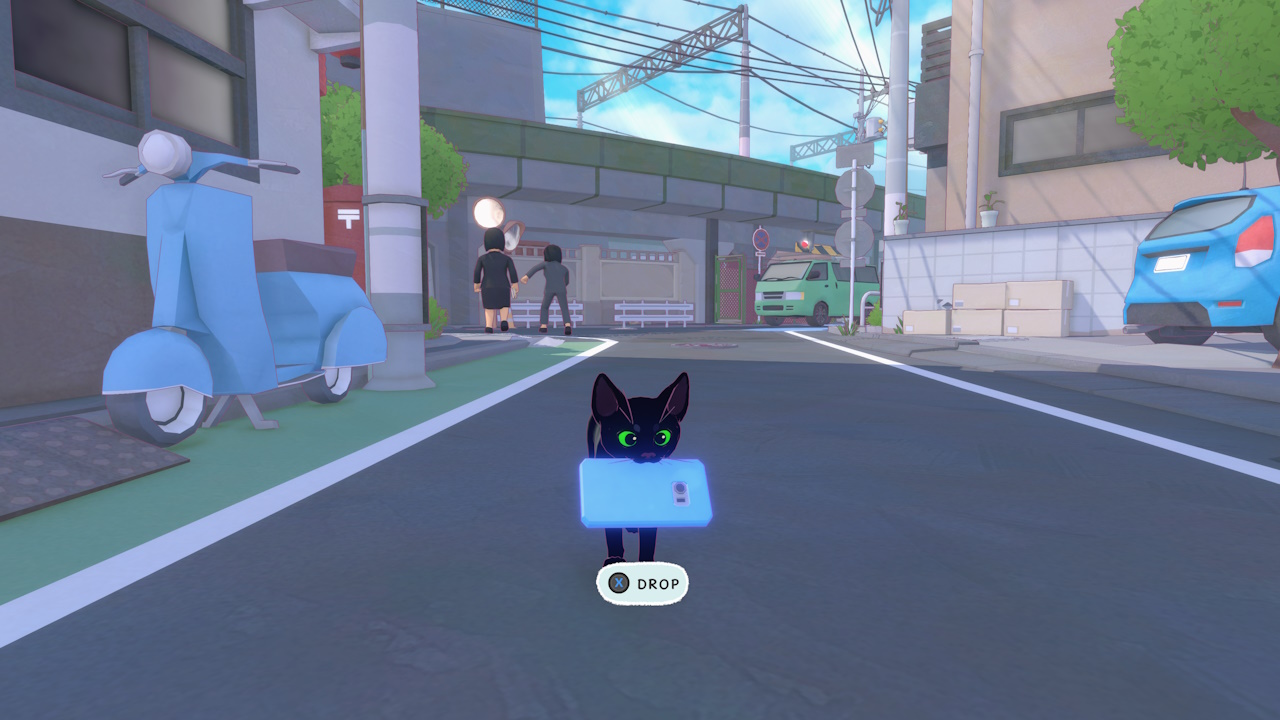 Screenshot of Little Kitty, Big City (2024) showing the cat holding a smartphone in its mouth.