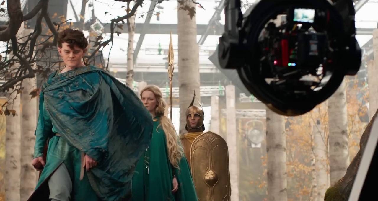Still frame from The Rings of Power Season 2 first look video showing Elrond and Galadriel.