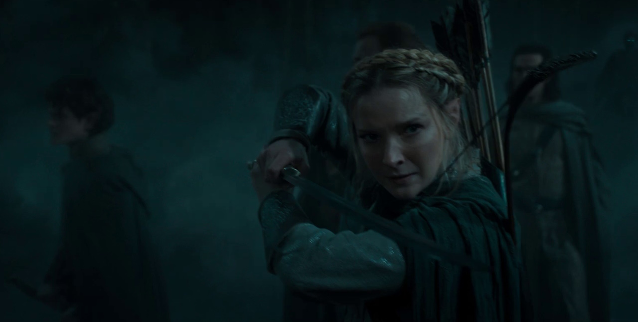 Still frame from The Rings of Power Season 2 trailer showing Galadriel with a group of elves.