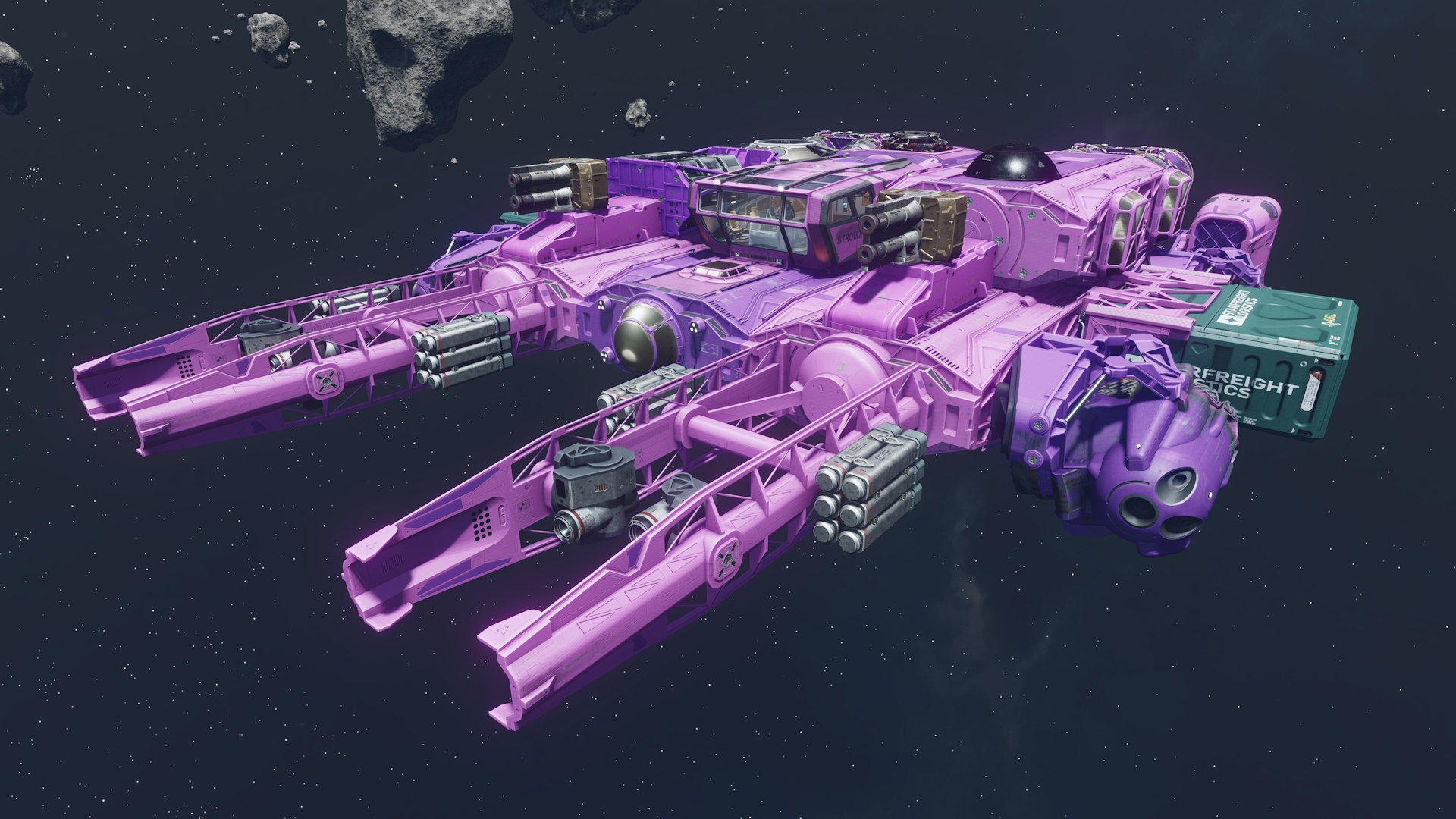 Screenshot of Starfield (2023) showing a custom spaceship.