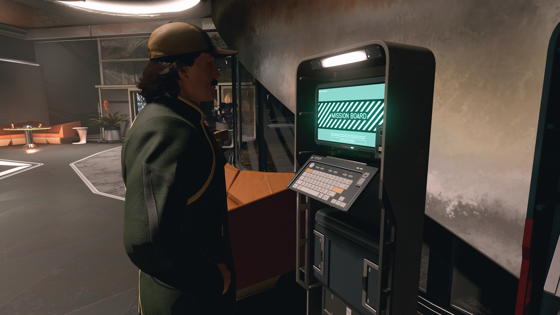 Screenshot of Starfield (2023) showing the player at a mission board.