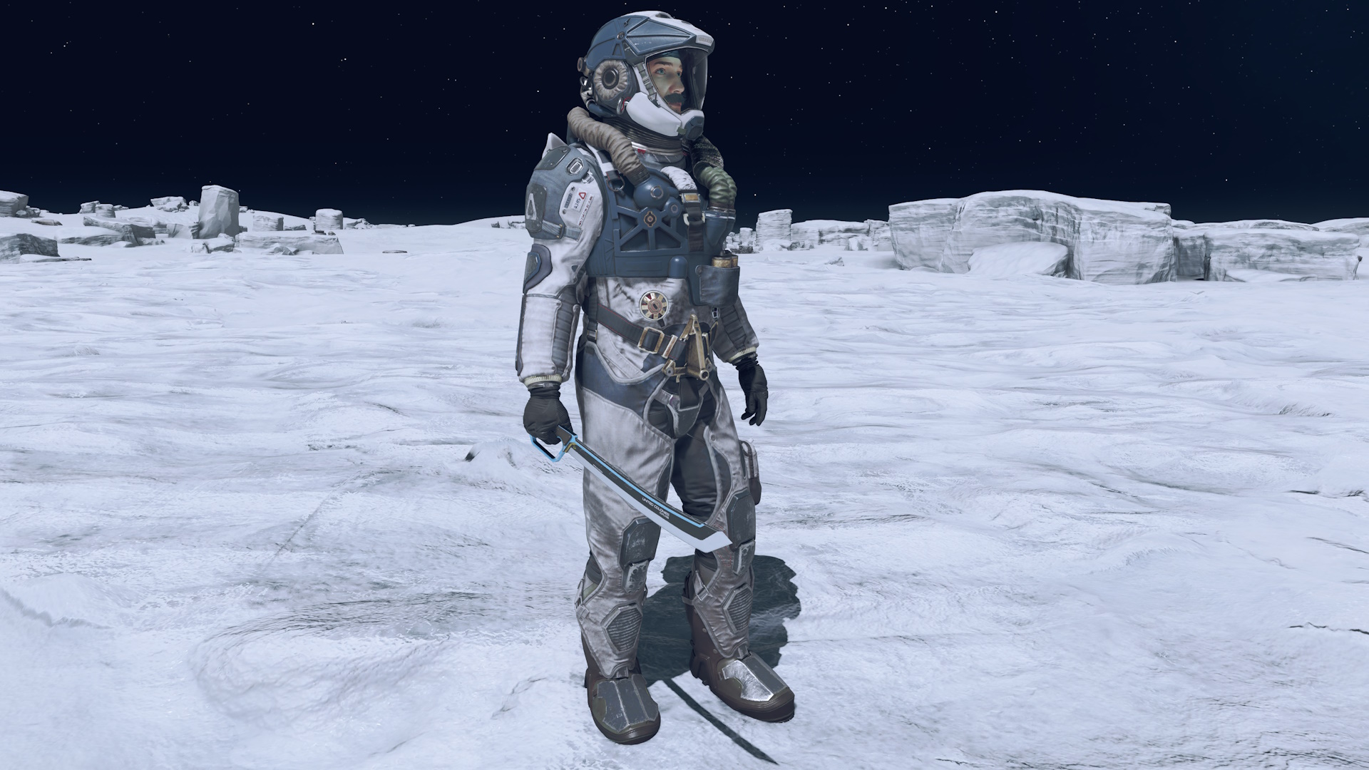 Screenshot of Starfield (2023) showing the player character wearing a spacesuit.