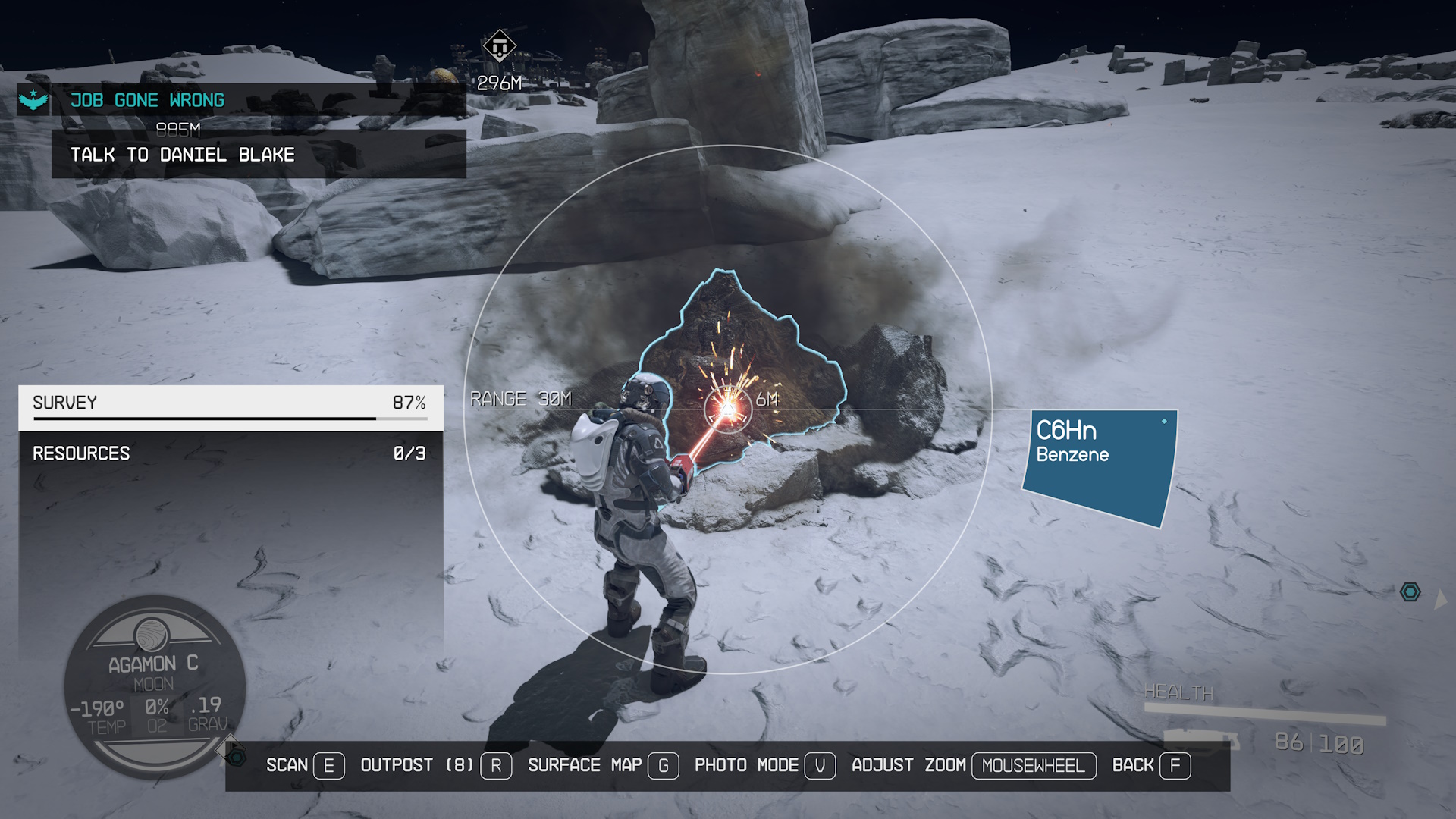 Screenshot of Starfield (2023) showing the player character mining a resource.
