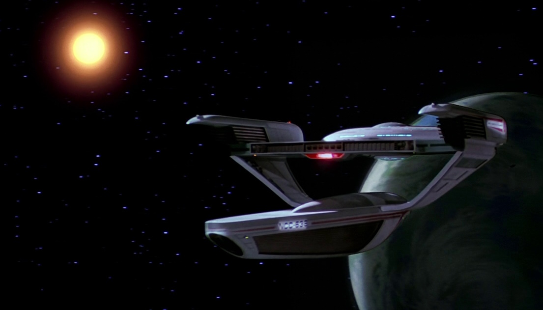 Still frame from Star Trek III: The Search for Spock (1984) showing the USS Grissom.