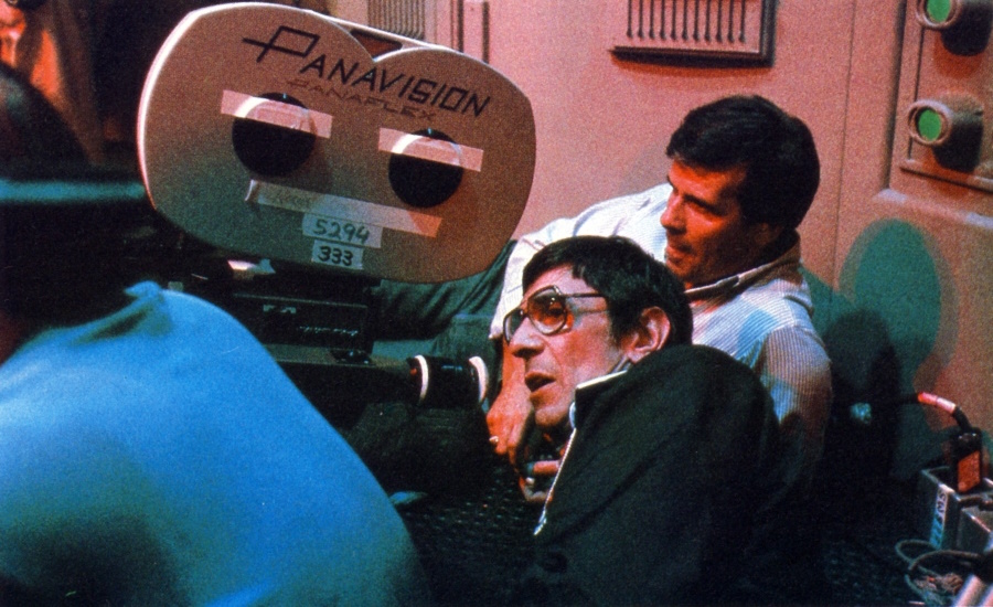 Behind-the-scenes photo from Star Trek III: The Search for Spock showing Leonard Nimoy and a Panavision camera.