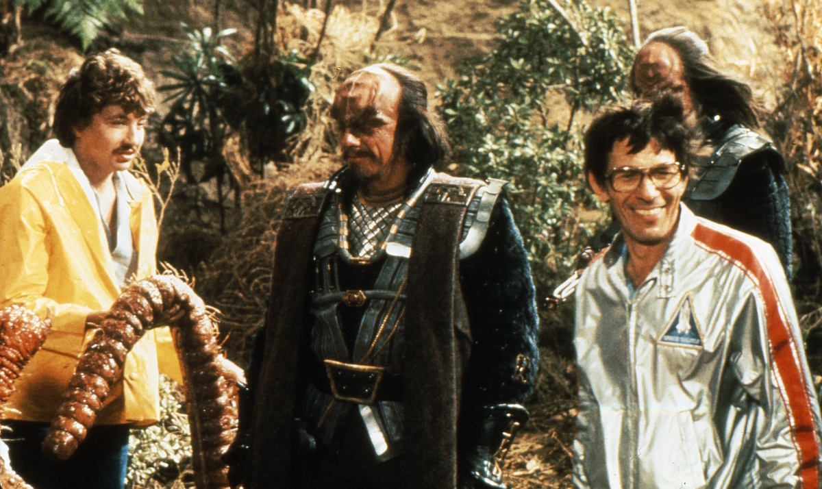 Behind-the-scenes photo from Star Trek III: The Search for Spock showing Christopher Lloyd and Leonard Nimoy.